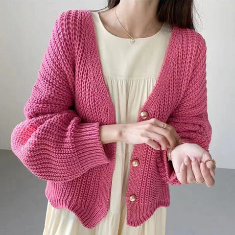 Sonicelife Lazy Wind Women Sweet Cardigan Korean Loose Long Sleeve Casual Knitted Coats Vintage V Neck Oversize Rose Color Cardigan