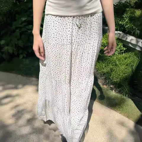 Sonicelife Drawstring Tied Chic Sweet Long Skirt 2025 New Summer Floral Cake Skirt Fashion Versatile High Waist Loose A-line Women Skirt