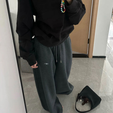 Sonicelife Y2K Cotton Sweatpants Woman Black Oversize Streetwear Trousers Korean High Waist All Match Loose Casual Drawstring Jogger Pants