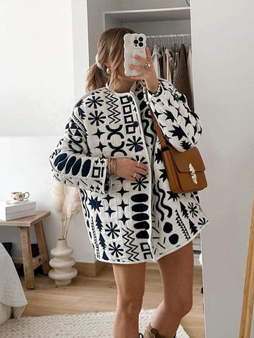Sonicelife Chic Print Quilted Coat Women Loose O-neck Single-breasted Pocket Long Sleeve Female Jacket 2024 Autumn Lady High Street Outwear