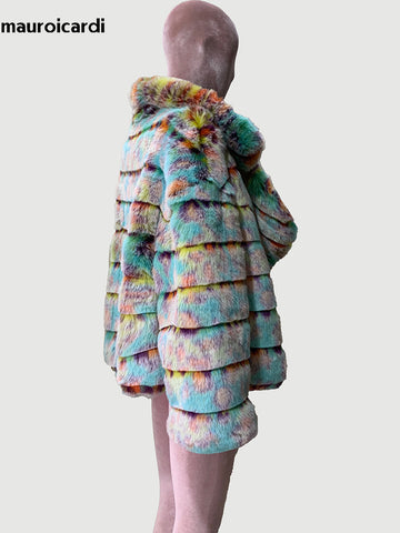 christmas outfit Sonicelife Winter Striped Colorful Thickened Warm Hairy Faux Fur Coat Women Loose Luxury Designer Clothes Fluffy Jacket 2025