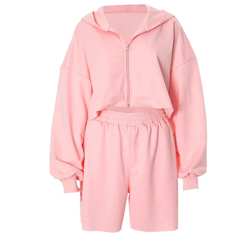 Sonicelife Casual Women 2 Piece Pink Hooded Jacket Shorts Sets Zipper Sweatshirts Straight Shorts Sweatsuits Loose Two Piece Outfits Autumn