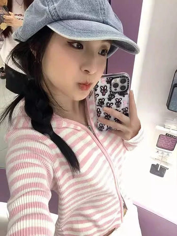 Sonicelife 2025 Autumn New Pink Striped All-match Hoodie Tops Women Casual Bottoming Cardigan Sweet kawaii Long Sleeve Zipper Sweatshirts