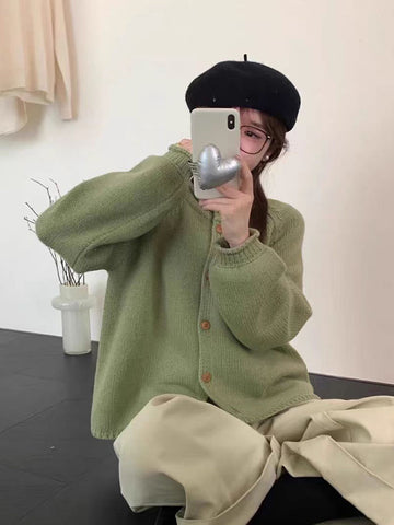 Sonicelife Women Vintage Sweet Cardigan Sweaters Japan Loose O Neck Single Breasted Knitted Coat Fall Casual Retro Female Solid Tops