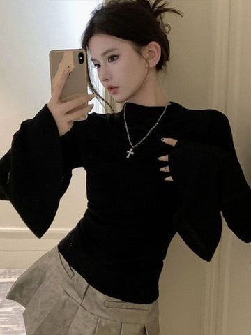 Black Friday Sonicelife Sexy Slim Fit Flare Sleeve T-shirt Women Casual Solid O-neck Long Sleeves  Basic Shirt Female Autumn Thin Chic Elegant Base Tops