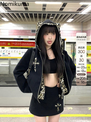 Sonicelife Fake Two Hoodies Coat 2025 Women Clothing Patchwork Leopard Print Hooded Sweatshirts Y2k Tops Streetwear Casual Fashion Hoodie