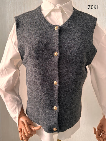 Sonicelife Gold Buttons Cardigan Vests Women Vintage Simple Sleeveless Gray Knitted Jackets Vest Fall Casual Lady Slim Harajuku Tops