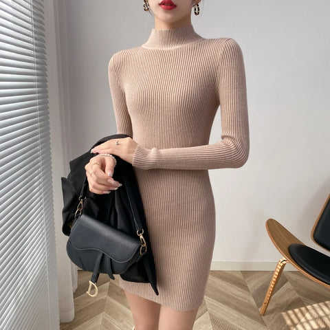 Sonicelife Mock Neck Solid Slim Sweater Dress Long Sleeve Knit Sexy Bodycon Dress Basic Casual Dress for Women Autumn Winter