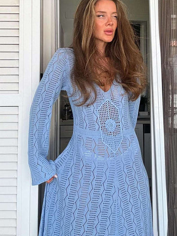 Sonicelife Elegant Knit Hollow Out Long Dress Women Loose V-neck Full Sleeves See Through Beach Female Dresses 2024 Summer Lady Beach Robes