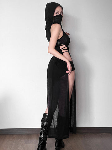 Sonicelife Coquette Dark Gothic Sexy Dress Women Vintage Y2k Cyberpunk See Through Cut Out Split High Waist Knitted Hooded Dress