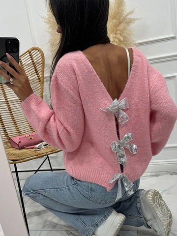 thanksgiving outfit Sonicelife Knitted Bow Lace Up Sweaters Women Hollow Out Deep V-neck Long Sleeve Cardigans Female 2024 Autumn Solid Y2k Streetwear Lady