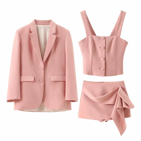 thanksgiving outfit Sonicelife 2024 Spring Summer Solid Office Lady Suits Fashion Shrug Single Breasted Blazers+Short Slim Vests+Pleat Mini Short Skirts