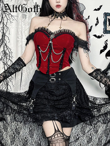 Sonicelife Christmas Dark Goth Red Vest Women Vintage Streetwear Y2k E-girl Cyber Punk Lace Chain Patchwork Crop Tank Tops Clubwear