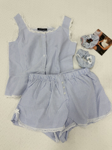 Sonicelife Cute Blue Striped 2 Piece Set Outfits Women New Buttons T-shirts+Buttons Straight Short Pants Sweet Lace Trim Blouse Shorts Sets