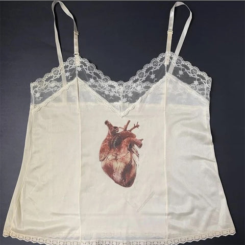 Sonicelife Y2K Gothic Aesthetic Emo Girls Chic Heart Pattern Print Punk Harajuku Streetwear Lace White women's Sleeveless Camisole baby Top