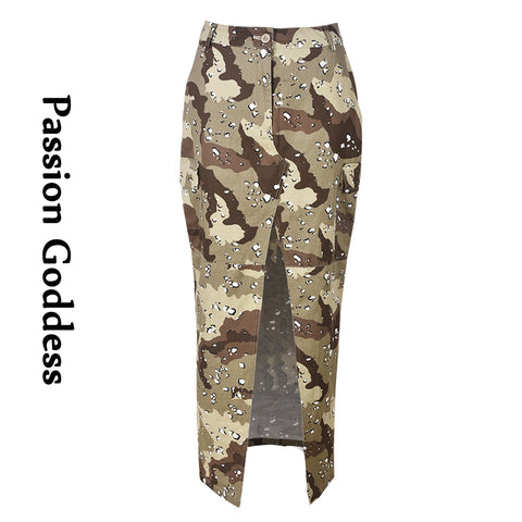 Sonicelife Sexy Cool Women Camouflage High Side Slit Skirts Big Pockets Irregular Long Skirts Streetwear Lady Cargo Camo Skirt Maxi Skirts