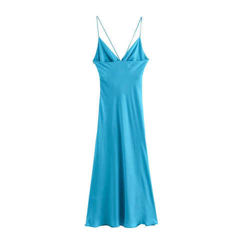 Sonicelife Women's Camisole Skirt with V-neck Sexy and Fashionable Midi Dress Silk Texture Opening Design New