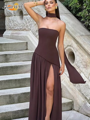 Sonicelife Elegant Solid Scarf Collar Pleated Open Fork Long Dress Sexy Patchwork Sleeveless Backless Gown New Lady Party Club Vestido 2025