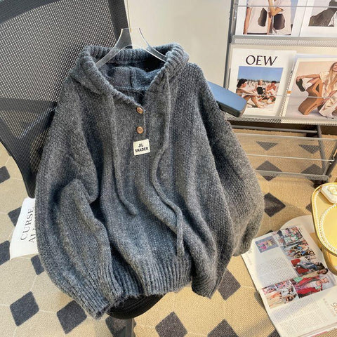 Black Friday Sonicelife Korean Loose Solid Hooded Sweater Women Casual Knitted Buttons Soft Pullover Sweaters Female Autumn Chic Daily Warm Streetwear