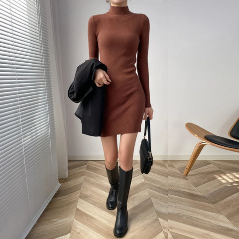 Sonicelife Mock Neck Solid Slim Sweater Dress Long Sleeve Knit Sexy Bodycon Dress Basic Casual Dress for Women Autumn Winter