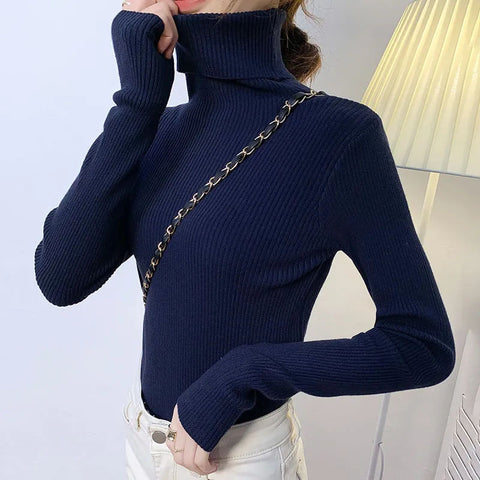 Black Friday Sonicelife Zoki Autumn Fashion Women Turtleneck Sweater Korean Long Sleeve Simple Basic Slim Elastic Jumper Solid Screw Thread Elegant Tops