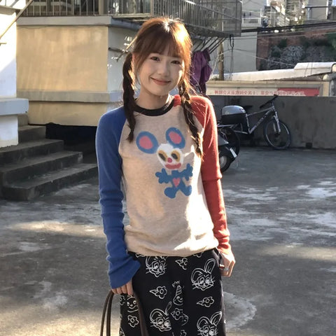 Sonicelife 2025 New Japanese Y2k Knitted Tops Vintage Harajuku Graffiti Print Long Sleeve T-shirt 2000s Aesthetics Ribbed Patchwork Tops