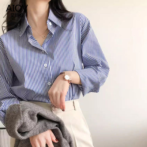 Sonicelife Chic Korean Striped Women Shirts Fall Long Sleeve Office Ladies Shirt Blue Elegant Button Up Female Tops New