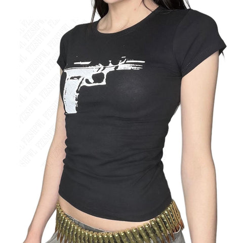 Sonicelife Punk Crop tops Woman Vintage Metal Rock Short Sleeve Harajuku 90s Grunge T-shirts print Hot Y2K Baby Tee Street emo Slim Clothes