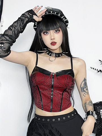 Sonicelife Gothic Punk Red Camis Women Streetwear Harajuku Spiderweb Patchwork Crop Tank Tops Emo Alternative Grunge Rave Outfits
