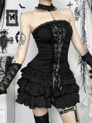 Sonicelife Dark Gothic Corset Vest Women Streetwear Y2k Harajuku Grunge Lace Patchwork Bandage Crop Tank Top Emo Alt Rave Outfits