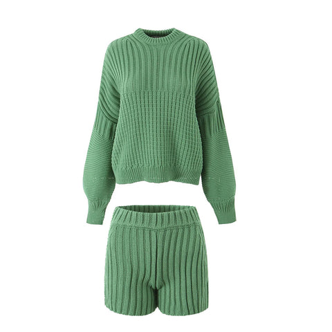 christmas outfit Sonicelife 2025 Autumn and Winter Knitted Suit Sweet Solid Color Loose Sweater Sexy Slim Shorts Set