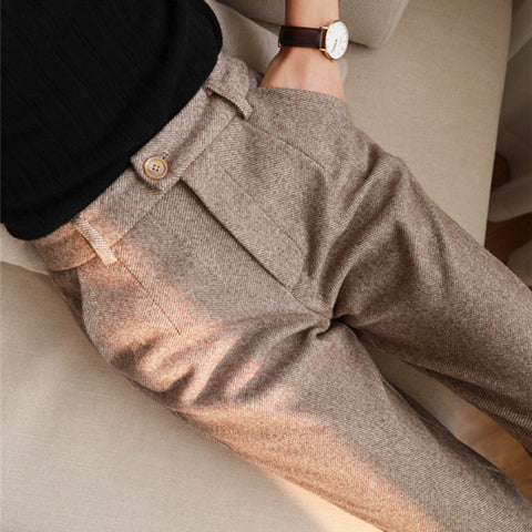 Sonicelife Woolen Pants Women Harem Pencil Pants Spring High Waist Pockets Suit Pants Office Lady Striped Zipper Trousers