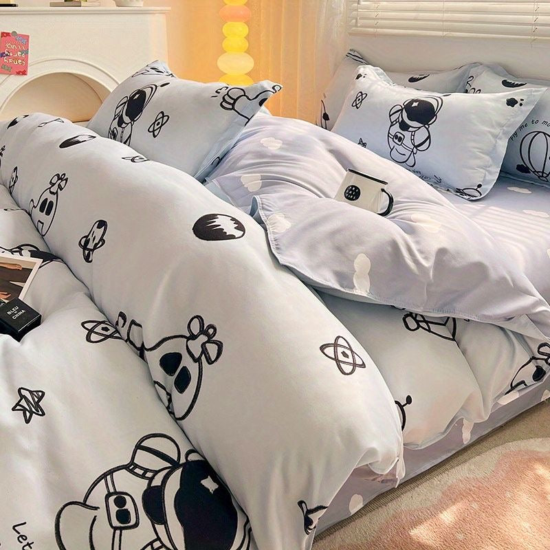 Sonicelife Ins Cartoon Astronaut Bedding Set Soft Flat Sheet Duvet Cover Pillowcase Polyester Bed Linen Twin Queen Full Size Quilt Cover