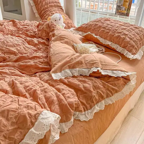 Sonicelife Ins Style Korean Princess Bedding Set Duvet Cover Wash Cotton Solid Color Summer Soft Bed Sheet Set Comfortable Set Quilt Cover