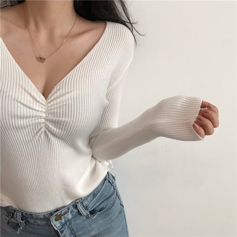 Sonicelife Sexy V Neck Women Sweater Autumn Knitted Pullover Jumper Chic Soft Korean Slim Long Sleeve Female Basic Top New