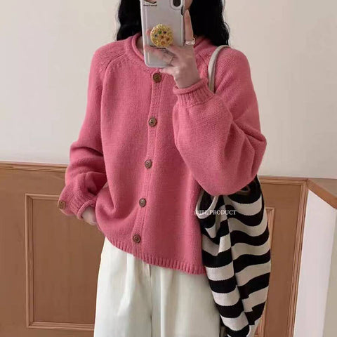 Sonicelife Women Vintage Sweet Cardigan Sweaters Japan Loose O Neck Single Breasted Knitted Coat Fall Casual Retro Female Solid Tops