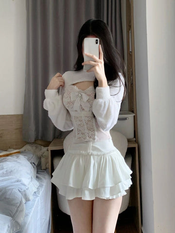 Sonicelife Korean Fashion White Skirt Sets Women Casual Slim Crop Tops + Sexy Y2K Lace Vest + Sweet Party Kawaii Mini Skirt 2025 Spring