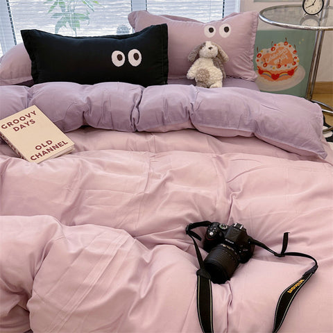 Sonicelife Ins Purple Black Big Eye Solid Color Bedding Set Girls Boys Double Size Flat Sheet Duvet Cover Pillowcase Bed Linen Home Textile