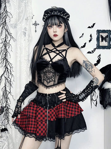 Sonicelife Y2k Harajuku Goth Skirt Women Vintage Emo Alternative Grunge Plaid Patchwork Lace Trim High Waist A-line Skirt Clubwear