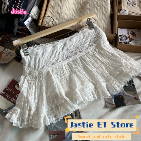 Sonicelife 2025 Summer Lace Trim White Sweet Mini Skirts A-line High Waist Folds Short Faldas Woman Casual Cute Preppy Style Y2k Skirt