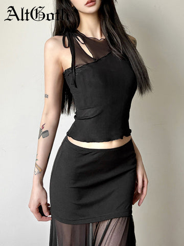 Sonicelife Dark Academia Gothic Sexy Mesh Vest Women Streetwear See Through Hollow Out Patchwork Crop Tank Top Y2k Emo Alt Outfits