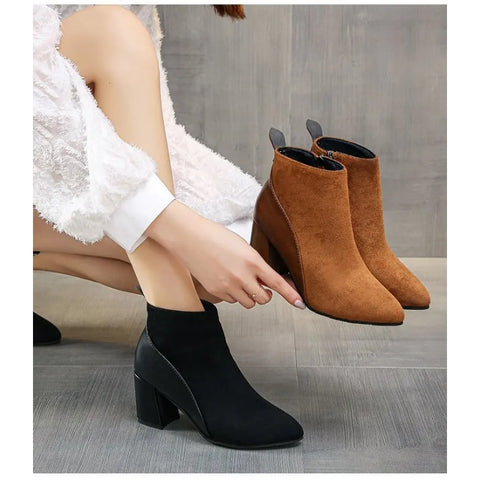 Sonicelife 2025  Autumn/Winter Women Ankle Boots Pointed Fashion Short  Suede Panel Side Zipper Thick Heels Women's Shoes Large 44