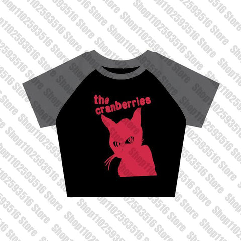 Sonicelife Gothic Punk Baby Tee Vintage Street Women cat Graphics Grunge T-shirt Y2k Clothes Aesthetic Cute Slim Crop Top shirt Slim Goth