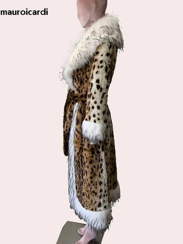 christmas outfit Sonicelife Winter Long Thick Warm Colorful Fluffy Leopard Print Faux Fur Coat Women with Fake Fox Fur Trim Luxury Designer Clothes 2025