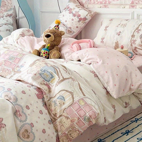 Sonicelife Kawaii Bedding Set for Kids Ins Twin Queen Size Duvet Cover Flat Sheet Pillowcase No Filler Girls Boys Home Totel Bed Linens