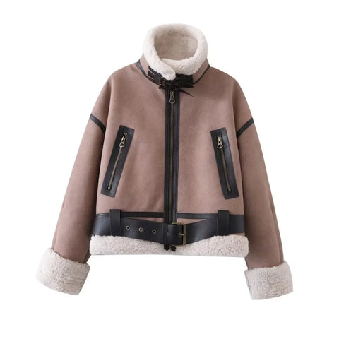 christmas outfit Sonicelife Women Warm Faux Shearling Jacket Coat Lapel Bomber Jacket with Belt Metal Zip Thick Jacket Winter Female Outerwear