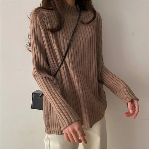 Black Friday Sonicelife Turtleneck Knitted Sweater Women Autumn Winter Fashion Loose Long Sleeve All Match Pullover Sweaters Solid Office Lady Jumper