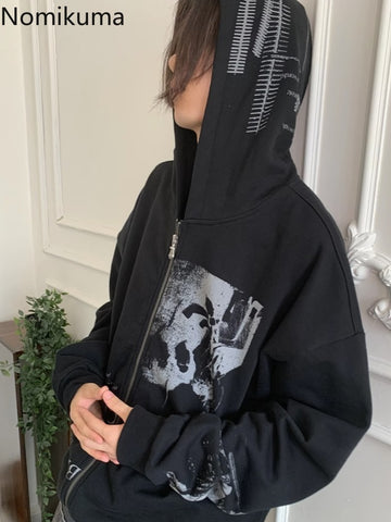 Sonicelife Cotton Punk Zip Up Hoodie Women Harajuku Fashion Hoodies Oversized Jackets Y2k Tops Clothes for Teens Casual Hooded Sweatshirts