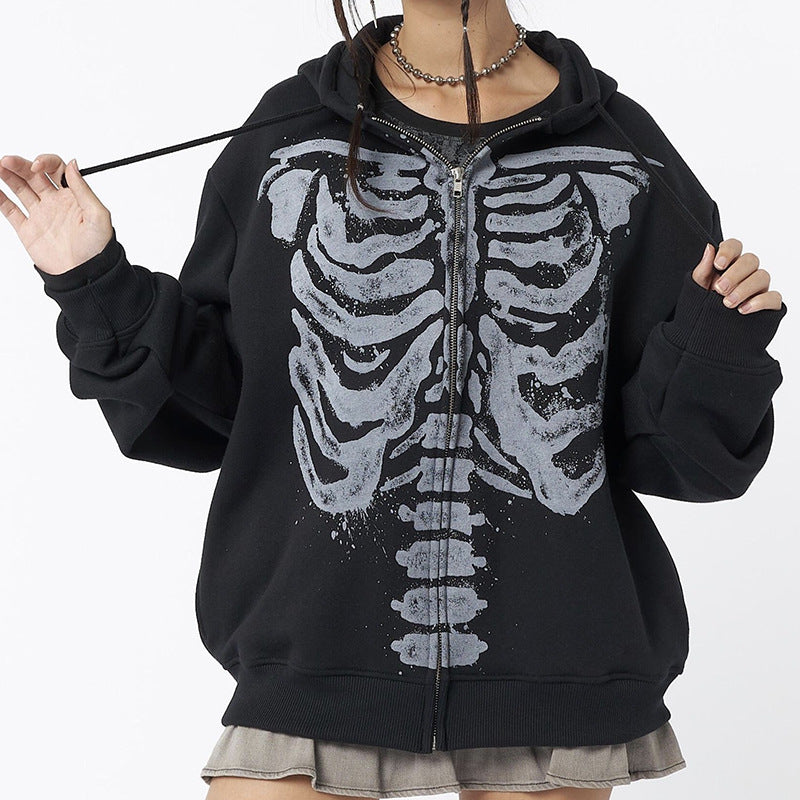 Sonicelife Skeleton Print Zip Up Loose Oversized Hoodie