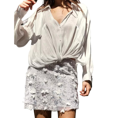 Sonicelife Women's new printed bow embellished shirt short single breasted silk satin long sleeved top